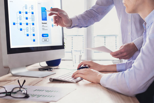 Image of a an employee pointing at a computer screen with another employee typing